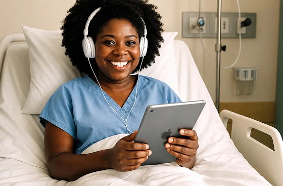 Patient in hospital bed looking for inforation and Essential web links